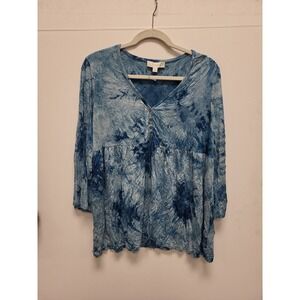 Weekend Suzanne Betro Top Womens XL Blue Tie Dye Blouse 3/4 Sleeve Casual